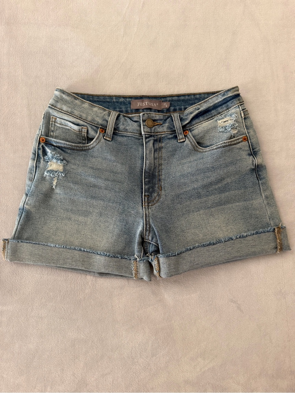 Just USA Faded Light Blue Distressed Denim Roll-Hem Shorts- Size 27